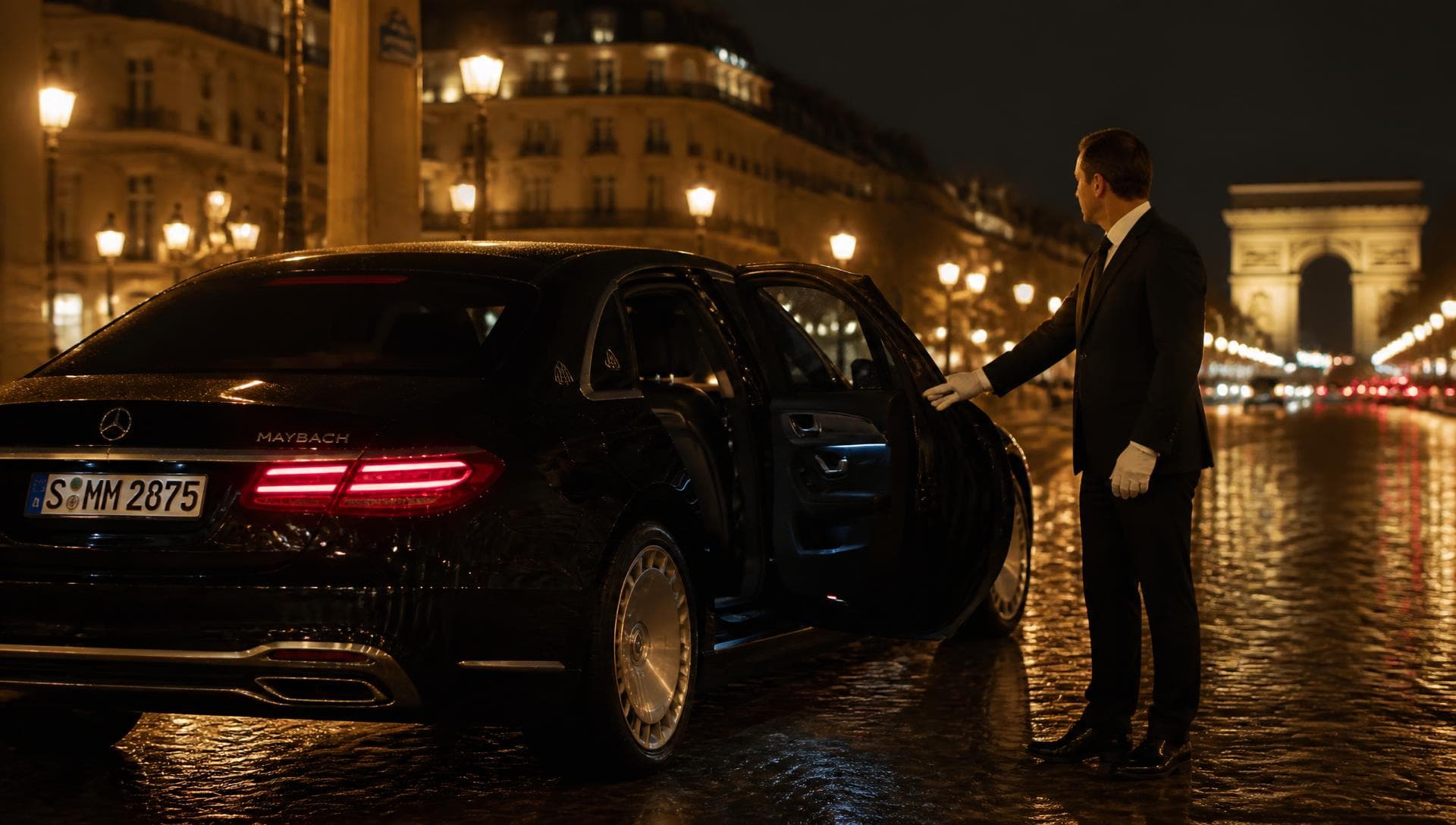 Prestiges Limousine chauffeur greeting a client in Paris